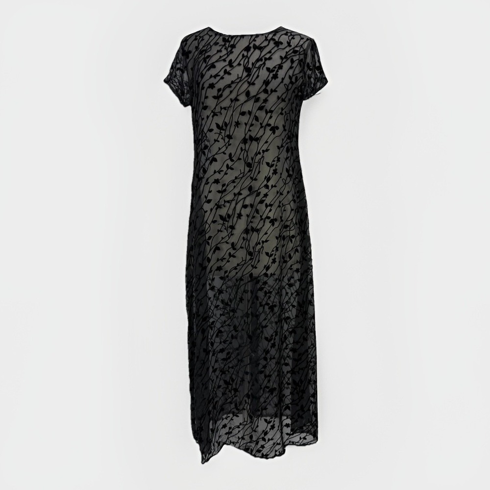 Unbranded Sheer Black Burnout Velvet Mesh Floral Midi Dress Dark Fairy Goth Vamp